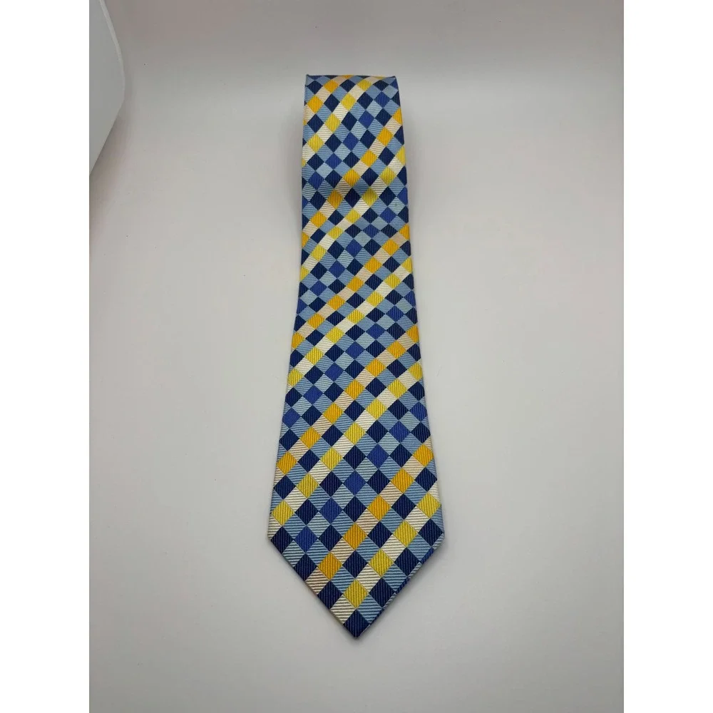 Charles Tyrwhitt Mens Silk Tie Blue Yellow Geometric Diamond Made in England